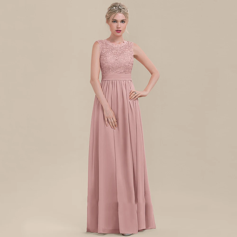 

A-Line Lace Sleeveless Sexy Bridesmaid Dresses Simple elegant O-Neck Floor-Length Prom Gown Backless Pleat Chiffon Women Dress