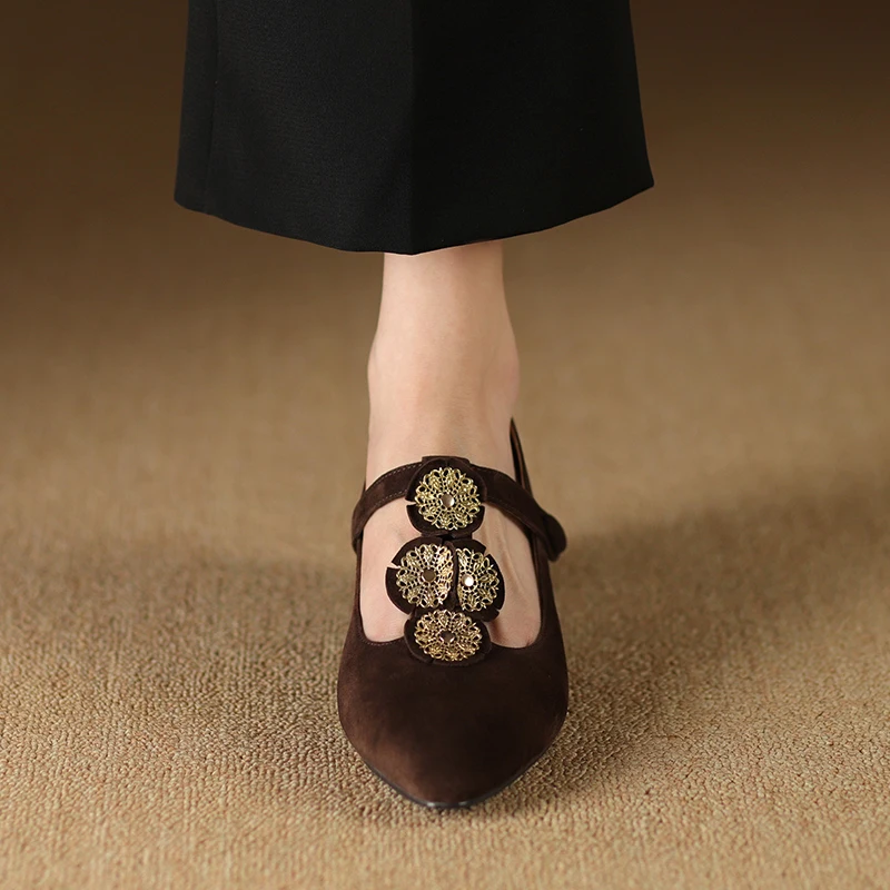 

Spring Autumn Vintage Pumps Mary Jane Thick Heels Sheepsuede Shoes Cozy Med Heels French Style Women Shoes On Heel 4.5 CM