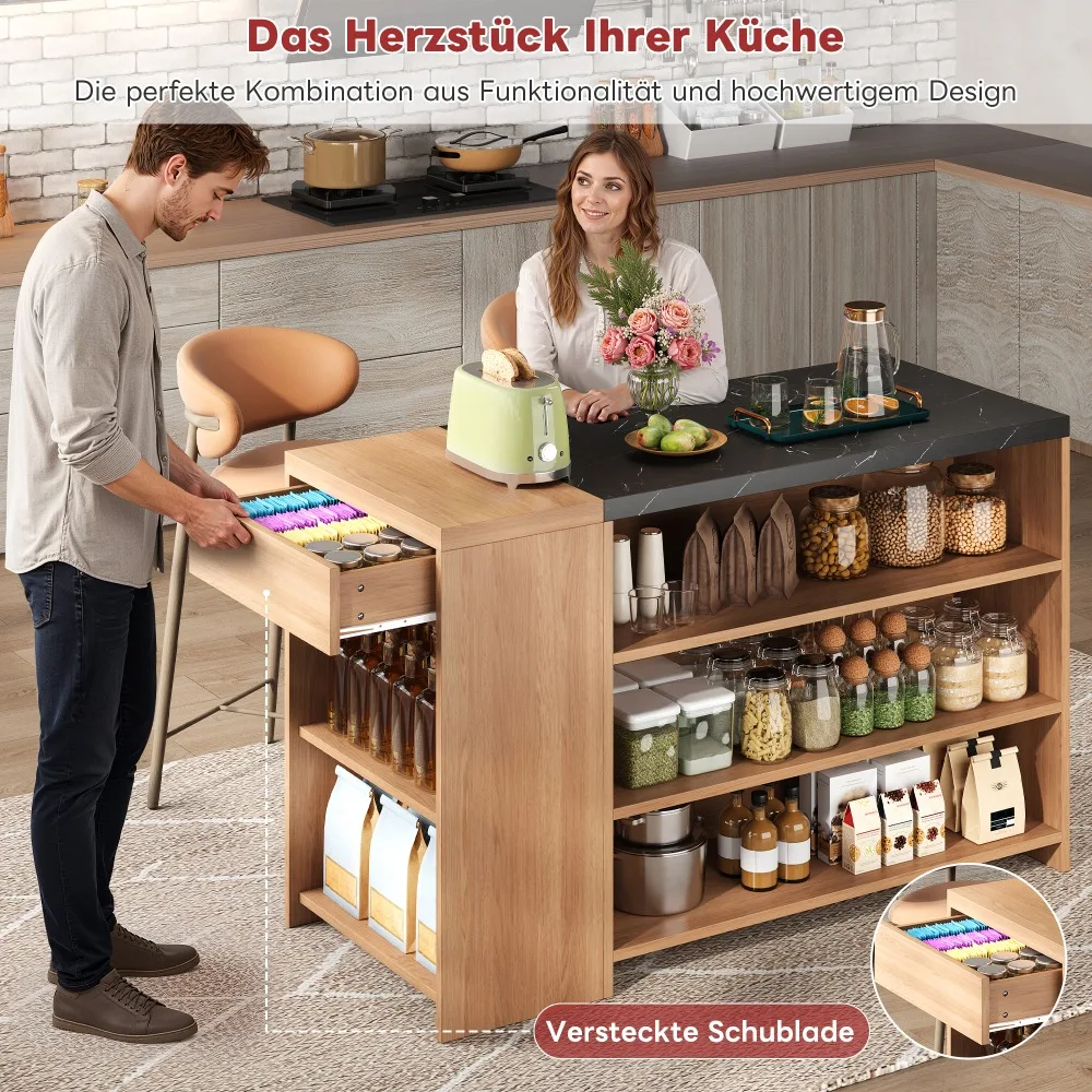 Kücheninsel, Bartheke/Bartisch/Esstisch, 5 Ablagefächer & versteckte Schublade, verdickte Tischplatte, Eichen- & schwarzer Marmor-Look – Detail 22