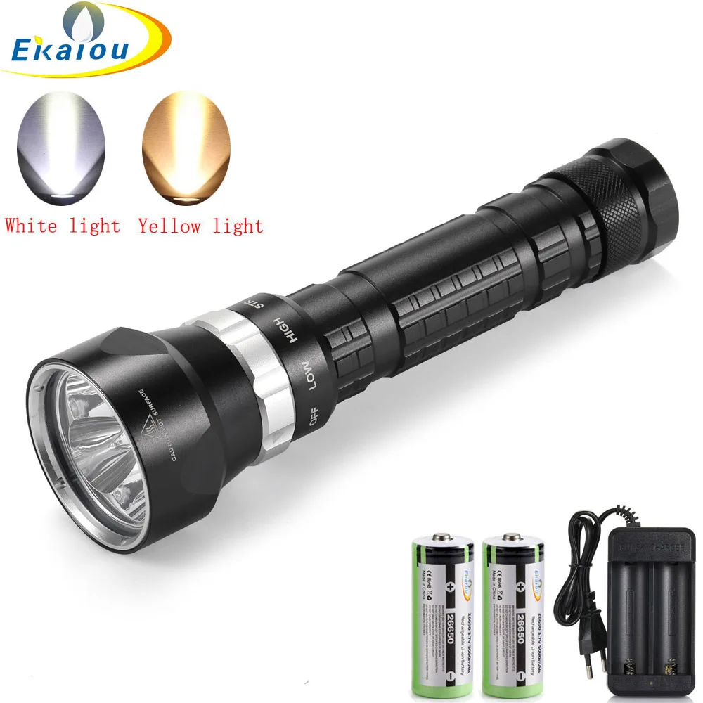 

Powerful 4xXHP50 LED Yellow/White Light 6000 Lumens Diving Flashlight 26650 Dive Torch 100M Underwater Waterproof Lamp