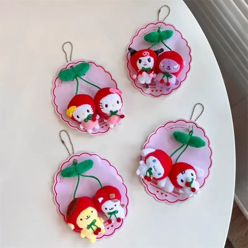

Sanrio Hello Kitty Cinnamoroll Kuromi Pom Pom Purin Cherry Series Plush Doll Pendant Cute Cartoon Filled Doll Key Chain Gift