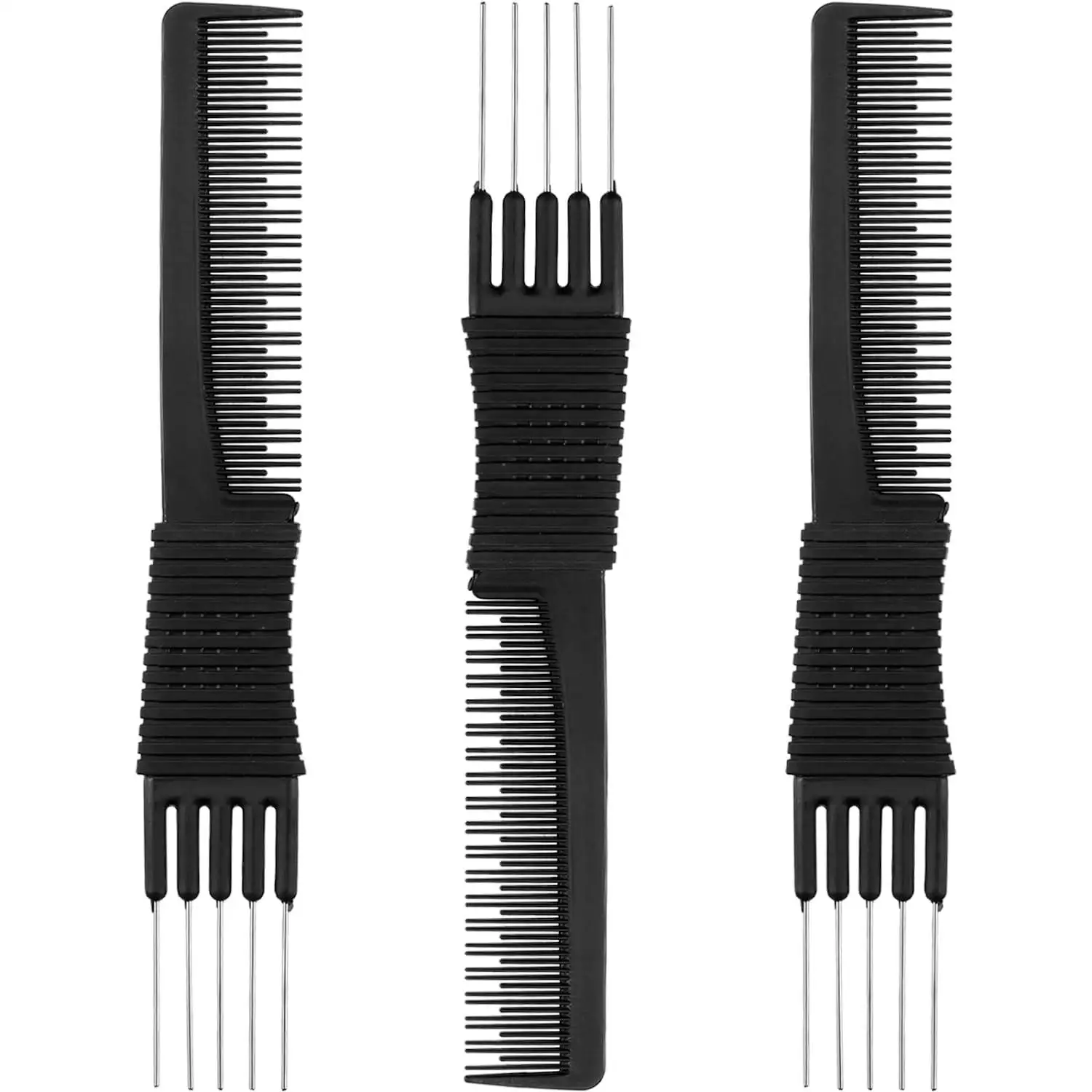 

3pcs Carbon Lift Teasing Combs with Metal Prong Anti-static Black Carbon Comb with Stainless Steel Lift for Women Most Hair Type