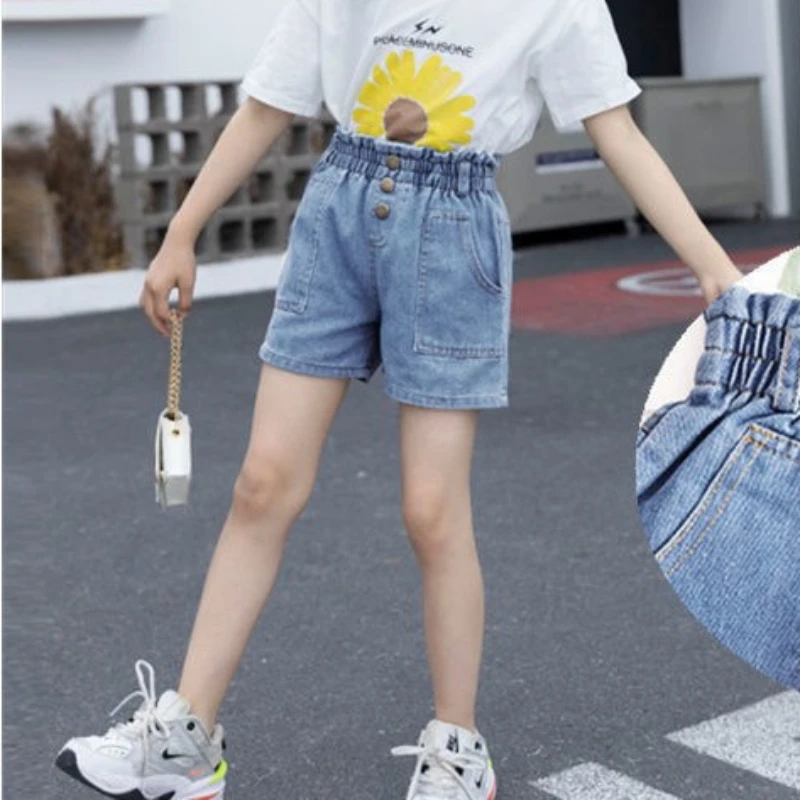 Summer Kids Clothes Girls High Waist Casual Denim Shorts Pocket Tassel Perforated Fashion Shorts Egg Bottom Bowkont Outdoor