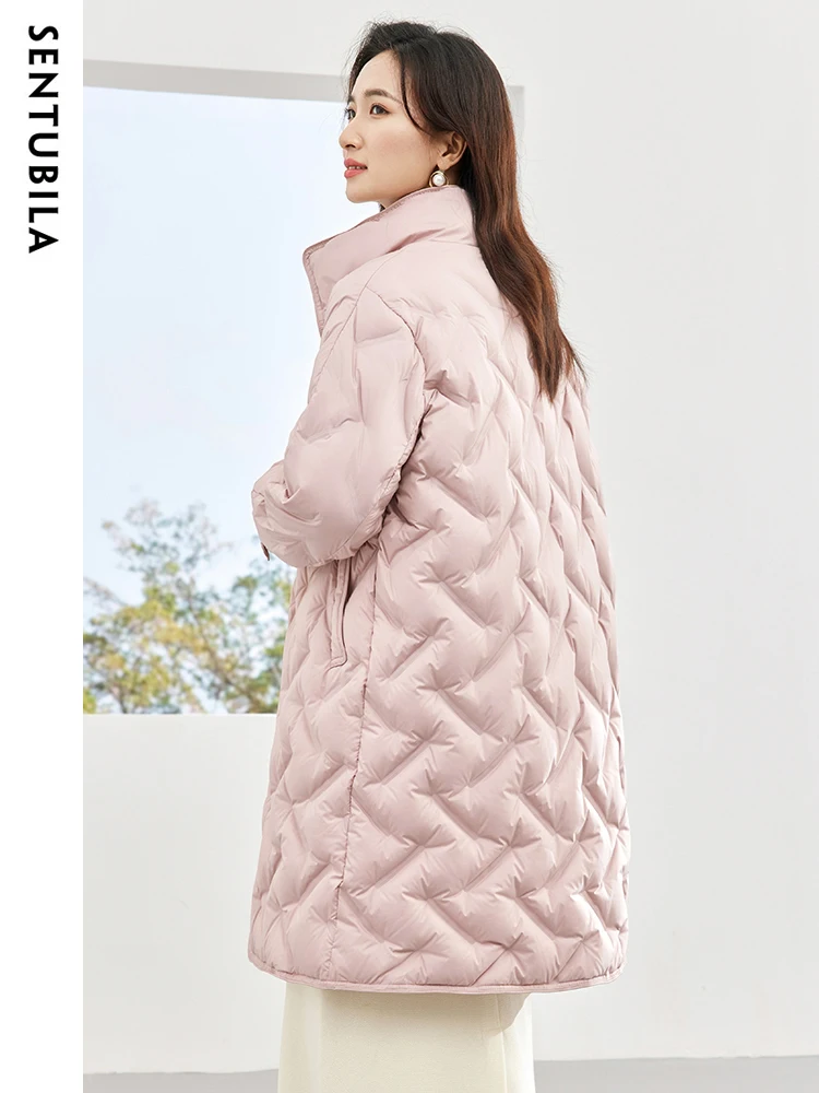 SENTUBILA Women's Winter Mid-Length Down Jacket 90 White Duck Down Coats 2023 Stand Collar Classic Warm Puffer Jackets W34Y49562