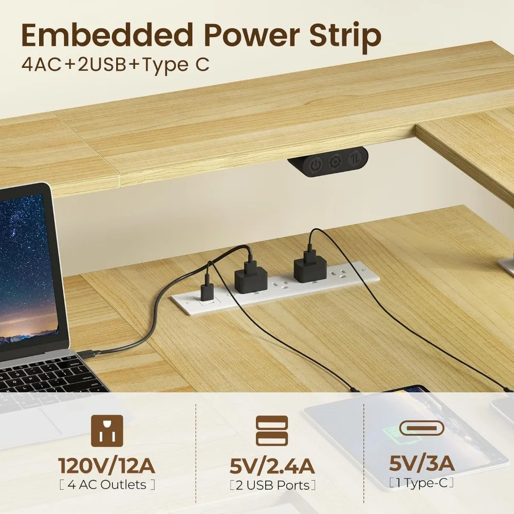 L Shaped Standing Desk with LED Light and Power Outlet, Dual Motor Height Adjustable Electric Standing Desk with Monitor Stand 5