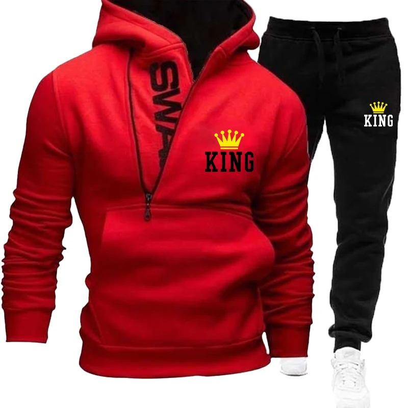 New Leisure Set King Crown Print Set Men's Hooded Sweater+Sports Pants Sports Set Youth Leisure Set