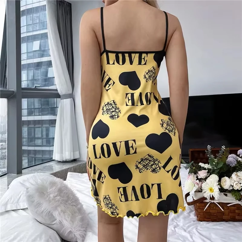 New Yellow Love Heart Nightgown Women's Mini Sleep Dress Spaghetti Strap Cami Sleepwear Casual Summer Gift TrendyPrintLoungewear