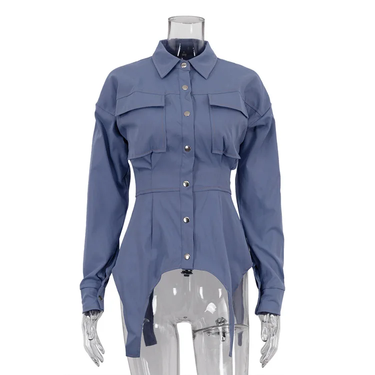 Lapel Patchwork Fashion Shirts For Women Slim Long Sleeve Pocket High Waist Autumn 2025 Cardigan Vintage Shirts Streetwear