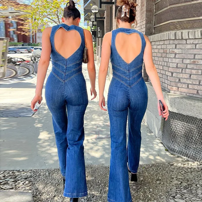 

Joskaa Fashion Hollow Out Backless Denim Jumpsuit Women Clothes Sexy Long Zippers High Waist Wide Leg Pants 2023 Casual Rompers