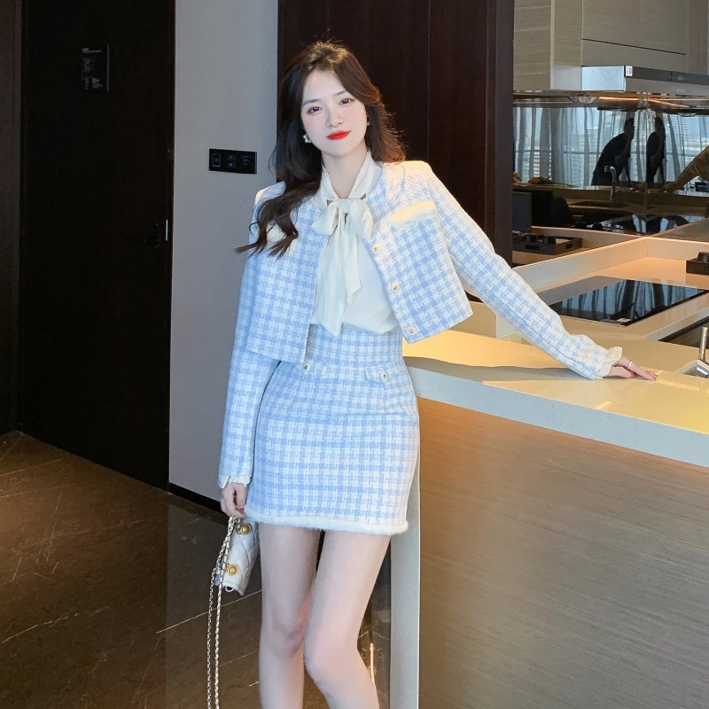 Autumn Fashion Small Fragrant Elegant Blue Plaid Tweed