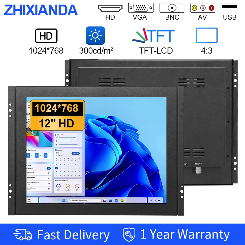 12인치 산업용 저항성 터치스크린 모니터 1024x768 LCD 디스플레이 VESA 마운트 HDMI VGA BNC AV USB 키오스크 POS 시스템용