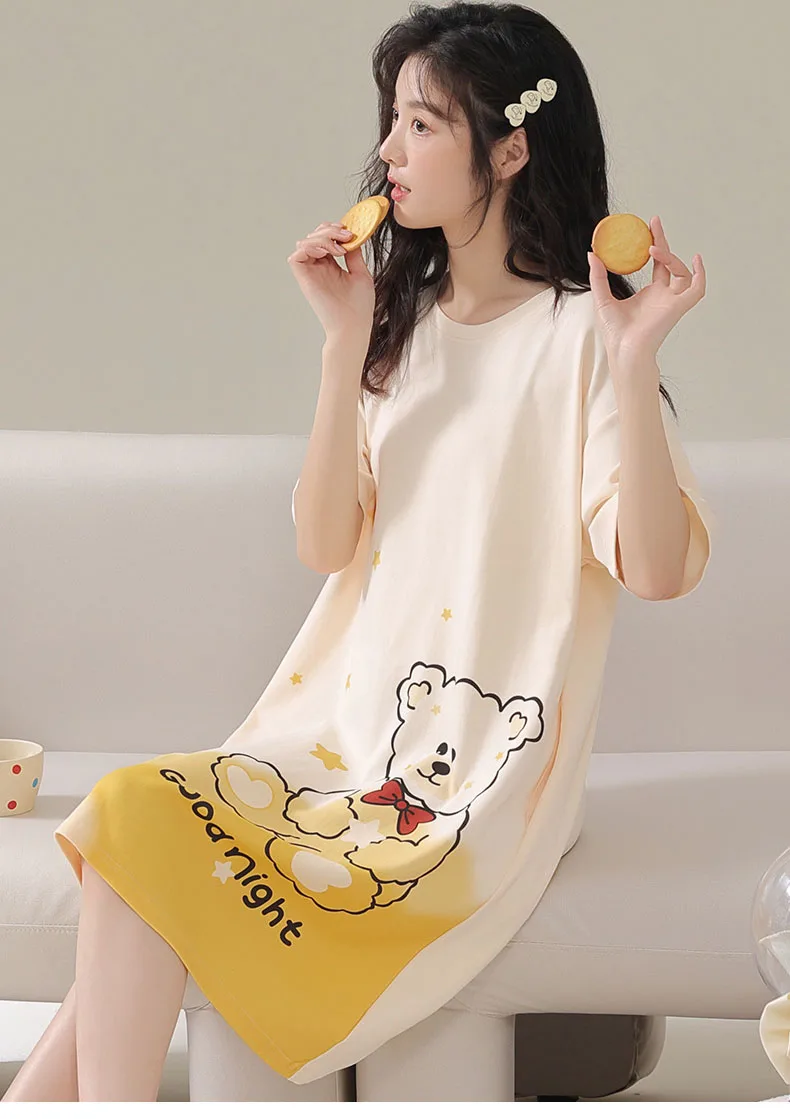 Women Large Size Pajamas Short-Sleeved Nightgown Cartoon Bear 5xl Long Student Robe Rabbitlong Skirt Loungewear Girl Dress