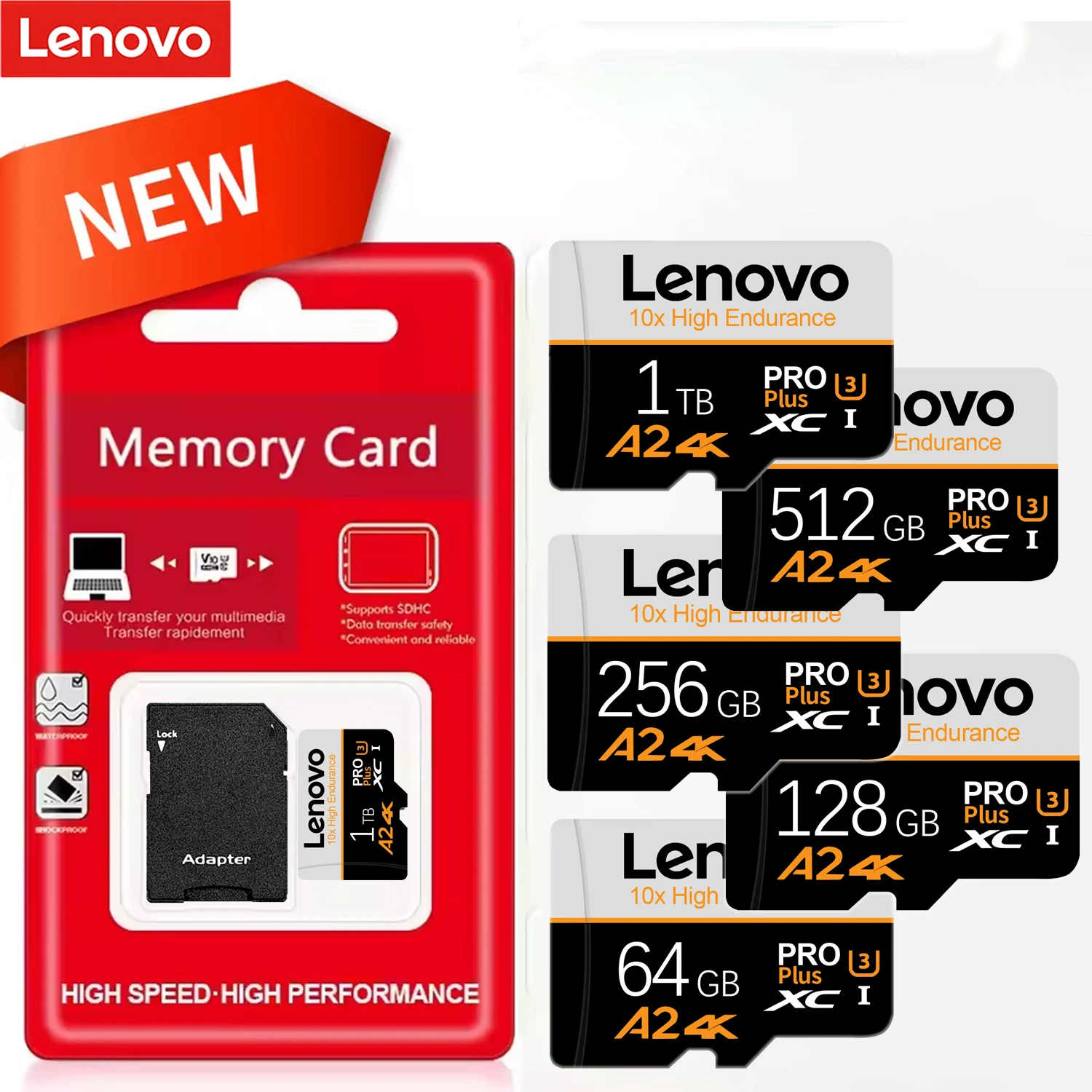 레노버 1TB 마이크로 TF/SD 카드 메모리 카드 128GB 고속 TF 플래시 카드 512GB 256GB 64GB 미니 SD/TF 카드 (휴대폰, 카메라, PC용)