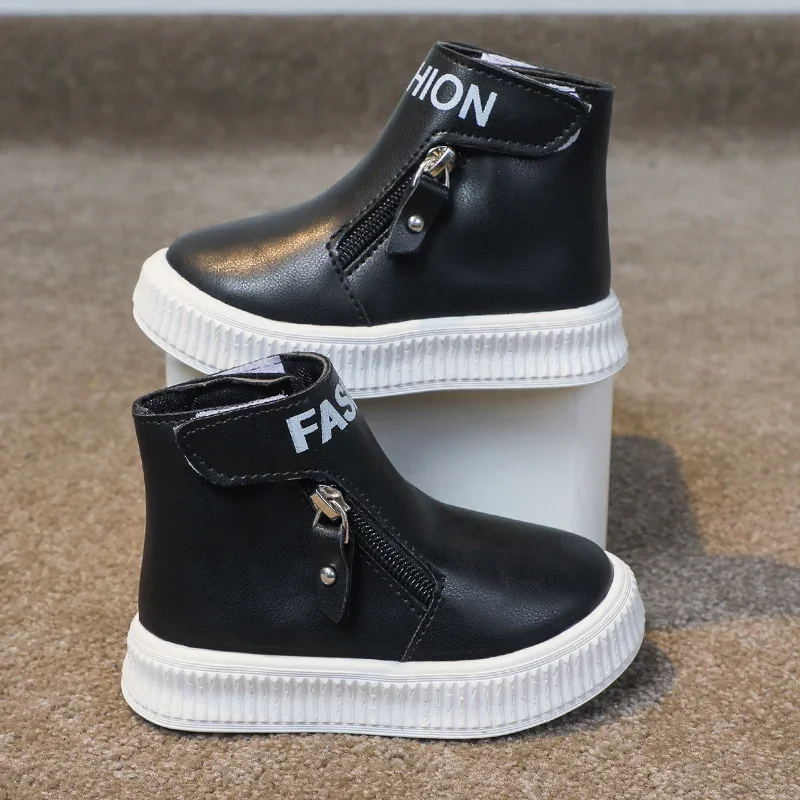 Leather Kids Boots with Side Zipper and Non Slip Sole