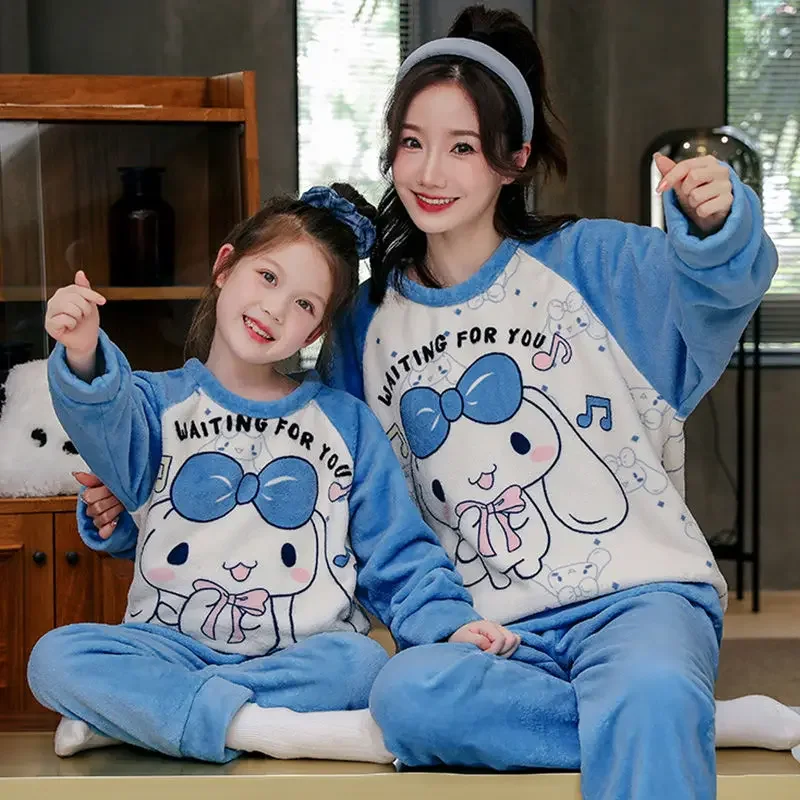 

Sanrio Hello Kitty Matching Pajamas Parent Child Winter Fluffy Kids Pyjamas Melody Cinnamoroll Kuromi Girls Home Clothes Gifts