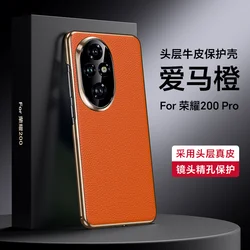 Luxurious Genuine Leather Electroplated Edge Case with Camera Protection and Shockproof Bumper for Honor 200 Pro (Orange)