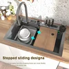 Stainless Steel Waterfall  Kitchen Sink Embossed Large Single-slot Multi-functional Sink With Drain On The Left Side 3