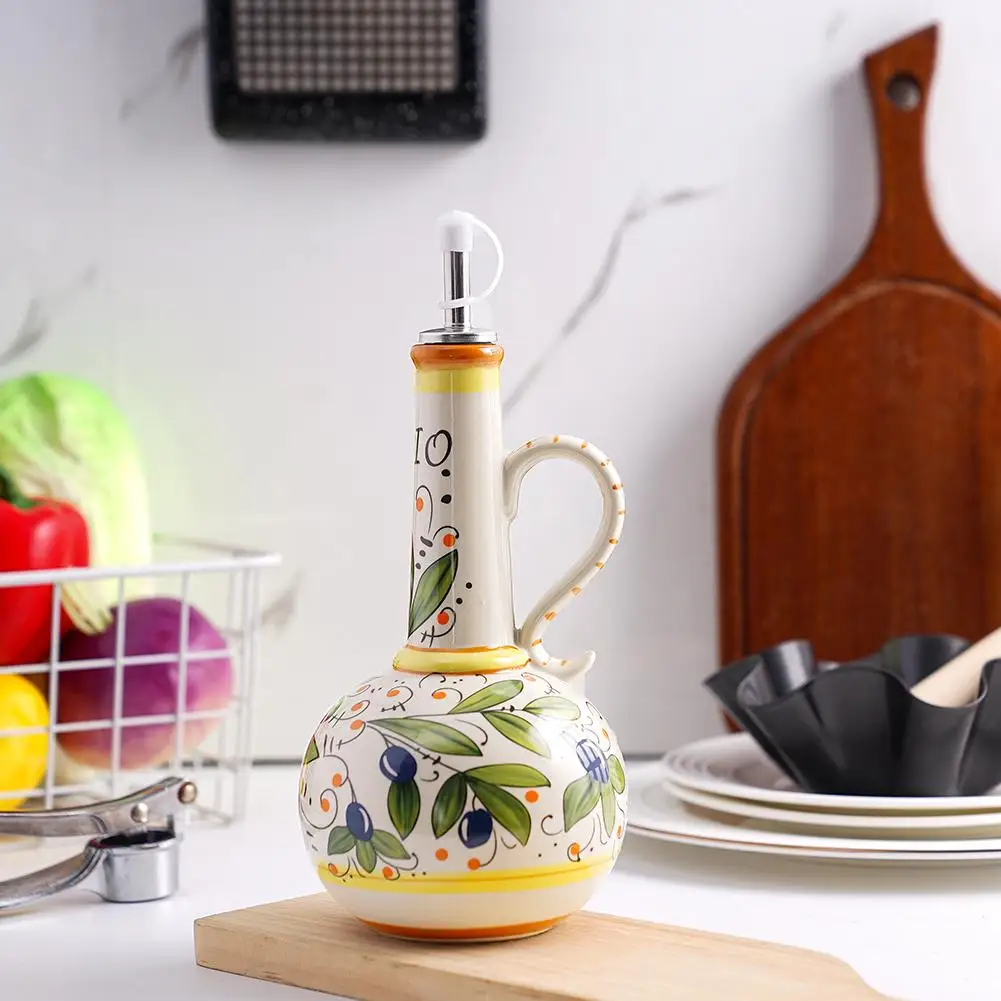 Description Picture 5 of item700ml Olive Oil Dispenser Embossed Ceramic Oil Vinegar Oil Storage Condiment Dispenser Ceramic Bottle Can Bottle Oil Container