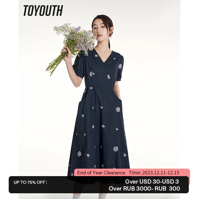 

Toyouth Women Dress 2023 Summer Short Sleeve V Neck A-shape Lace Up Waist Flower Embroidery Pure Cotton Elegant Chic Skirt