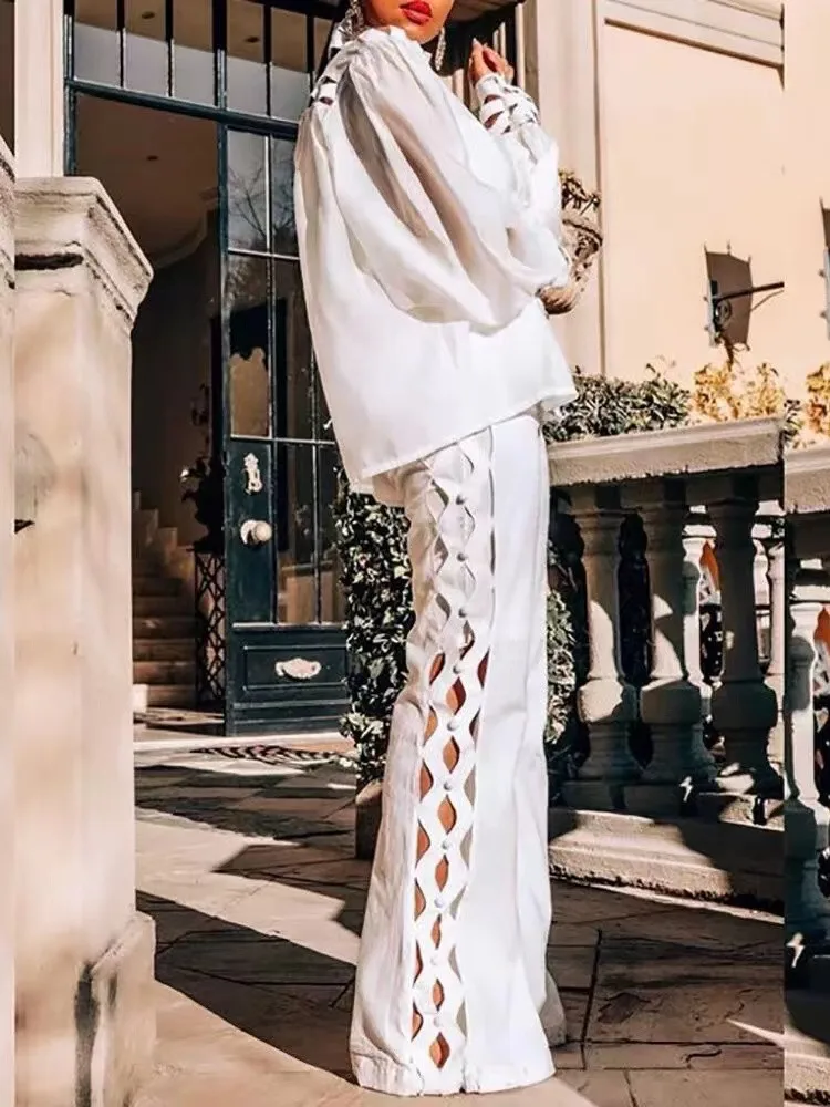 Wmstar 2 Piece Set Women Plus Size Hollow Out Sexy Young Daily Soft Full Sleeve Fashion Pants Wide Leg Wholesale Dropshipping