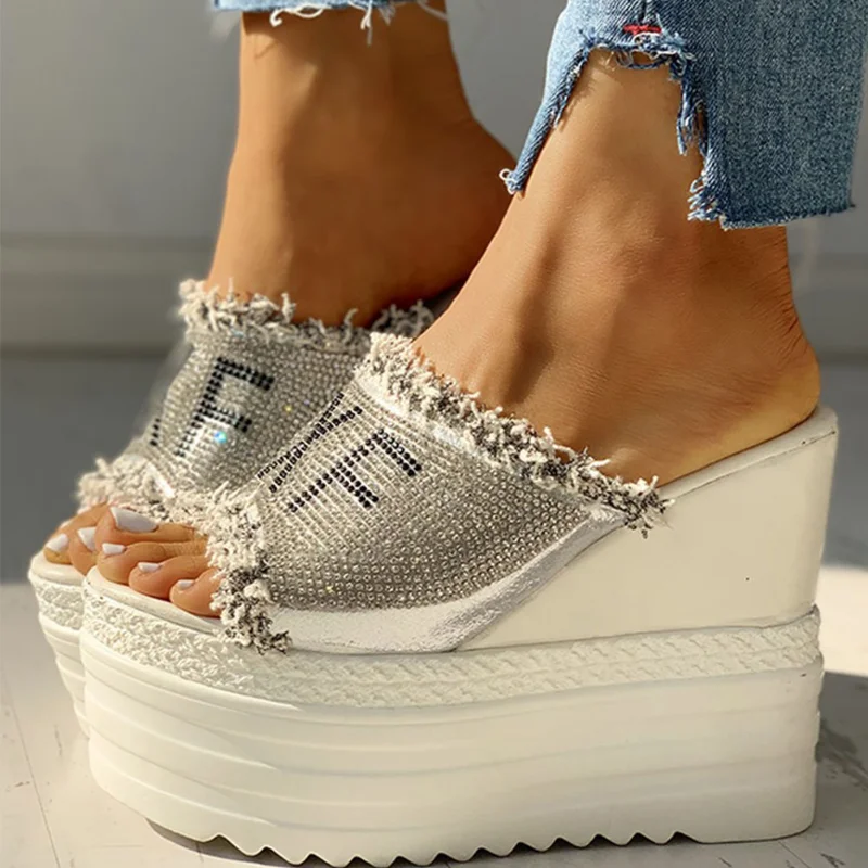 Crystals Wedges High Heels Slippers Leisure Summer Sandal Woman Shoes Women Platform Mules Slippers Slip on Outside Pantuflas