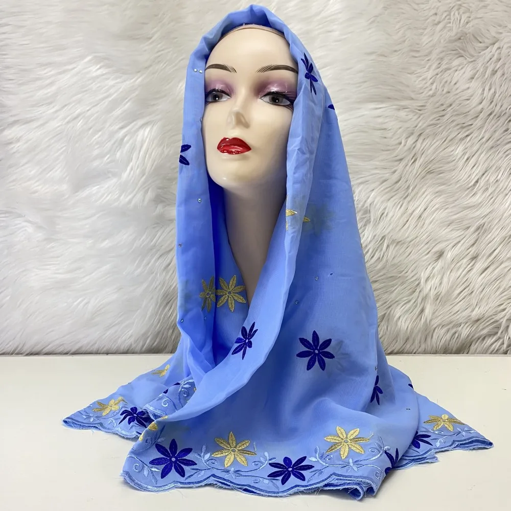 Different pattern Nigerian Gele Headtie With Stones 2023 High Quality African Embroidery Chiffon Head Scarf 2yards/1set
