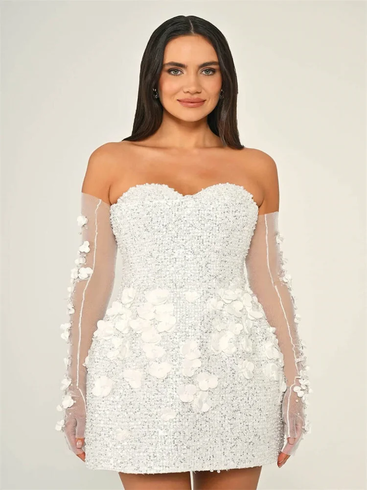 Customized Exquisite Sweetheart Neckline Mini Dress with Removable Sleeves And 3D Flower Decoration Back Zipper Wedding Dress