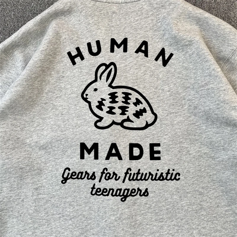 Human Made Men's Knitted Cardigan 2023 Autumn Japanese Rabbit Print Pocket  Women's Casual Cashmere Loose Single Breasted Coat