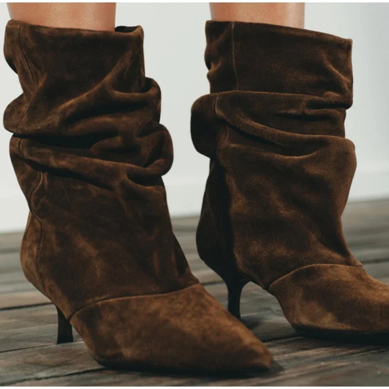 Luxus Mid-kalb Stiefel frauen Vintage Wildleder Spitz Stiefeletten Plissee Stiletto Absatz Low-heel Stiefel Marke retro Lose Stiefel – Detail 15