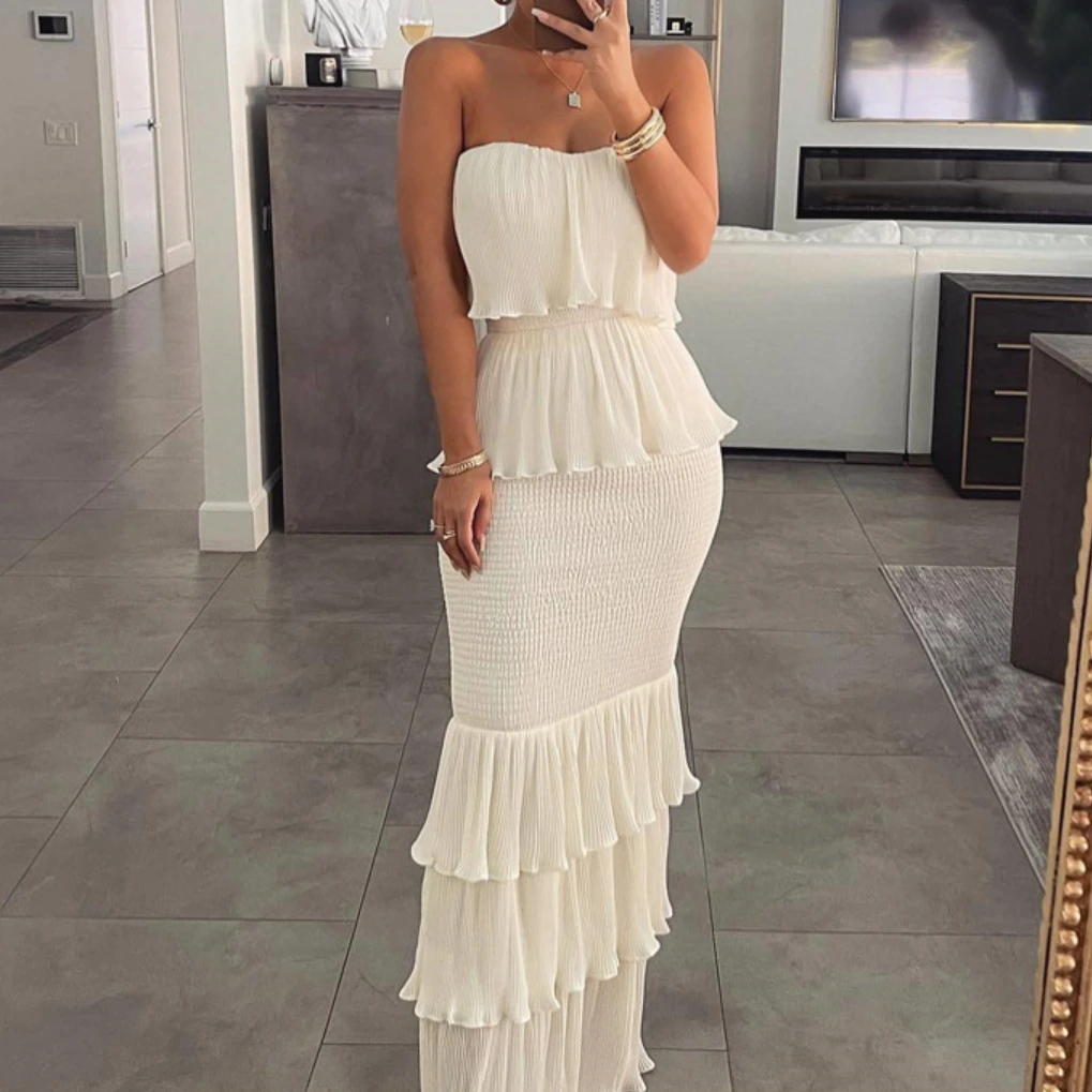 

Женское облегающее платье без бретелек, плиссированное белое платье с оборками и открытыми плечами, Элегантное Длинное Платье с запахом на бедрах