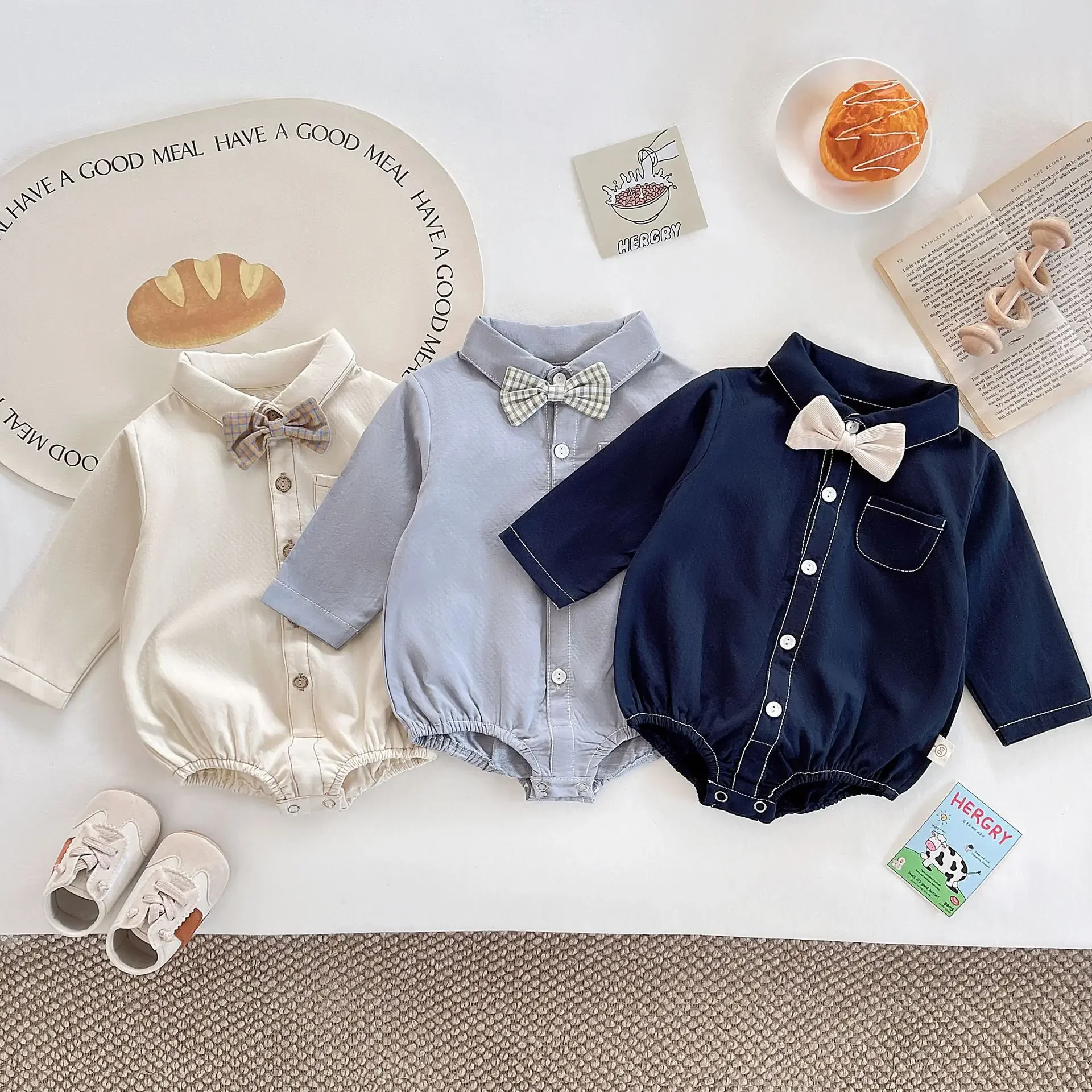 Long Sleeve Onesie with Bow Tie for Baby Boys Infant Gentleman Suit Korean Style Crawling Suit with Butt Cover 0-2 Years Old