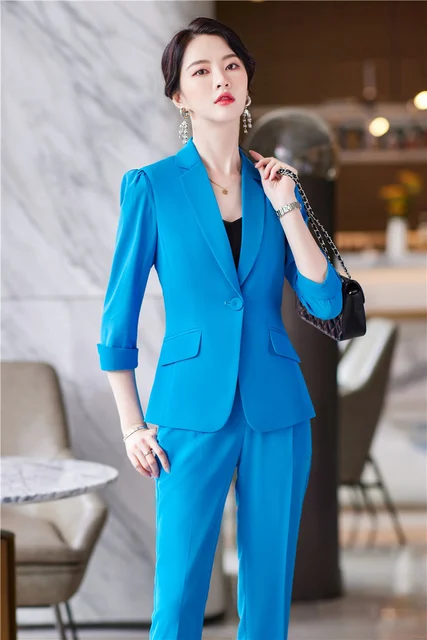 Fashion Women Office Blue Business Suit | Women Pants Suits Work 