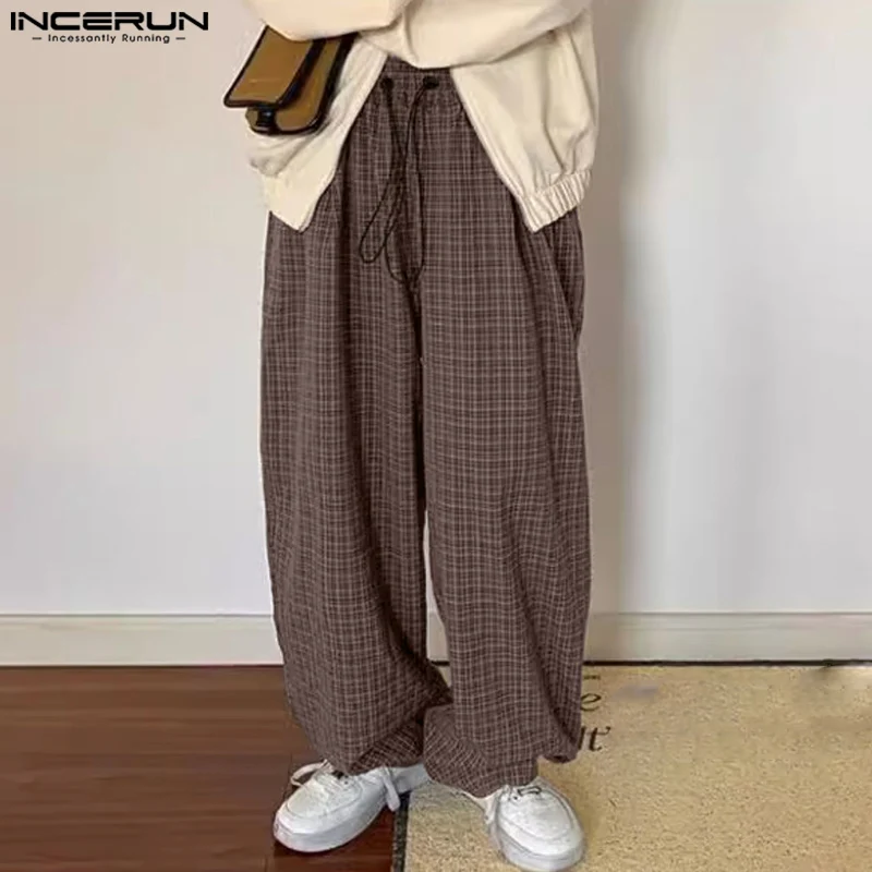 

INCERUN 2024 Korean Style New Men's Trousers Casual Plaid Loose Long Pants Fashion Streetwear Male Straight Leg Pantalons S-5XL