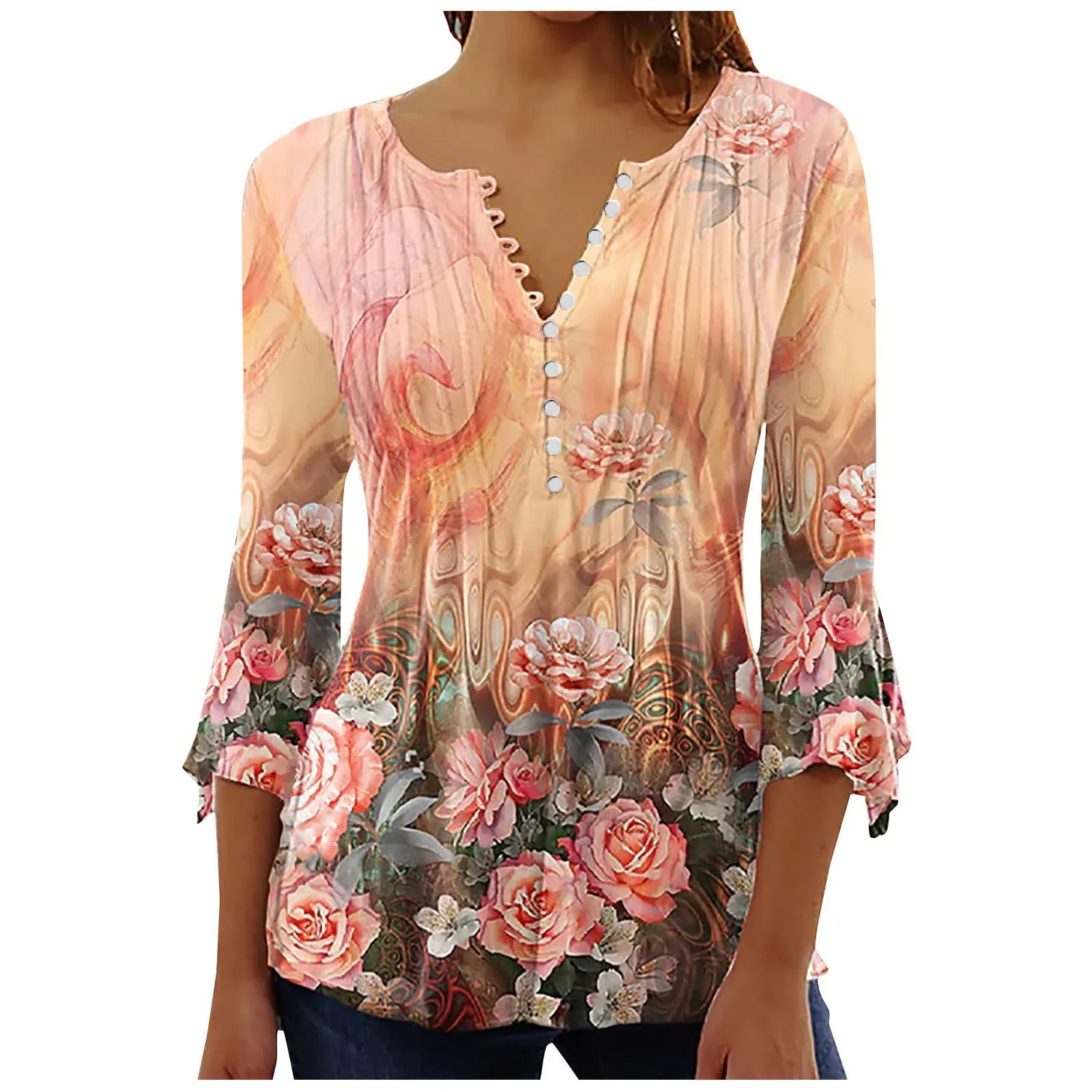 

2024 Ladies Top Floral Print V-Neck Short Sleeve Button T-Shirt Roupas Femininas Women'S T-Shirt топ женский летний Ropa Mujer