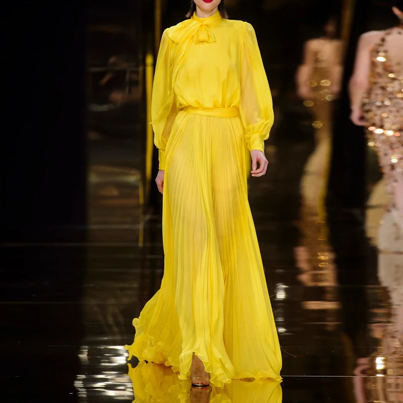 

Boho Yellow Long Dresses for Women Summer 2022 Vacation Bohemian Elegant Bow Long Sleeve Pleated Chiffon Maxi Dress Female