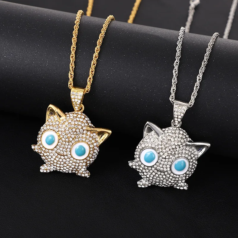 Pokemon Anime Collana Hip Hop Iced Out Bling Ciondolo Jigglypuff Sliver Catene Cubane Di Cristallo D'Oro Per Uomo Gioielli Ghiacciati