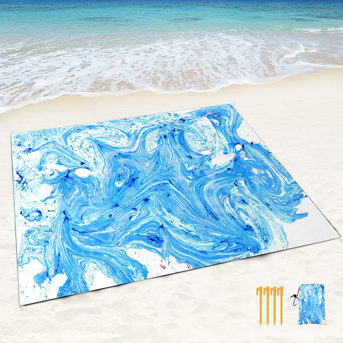 Beach Blanket Waterproof Sandproof,Blue Marble Black Picnic Rugs with Sand Pockets and Stakes,Marbling Outdoor Pad for Seaside 6