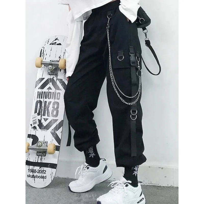 

Women Cargo Pants Punk Pockets Jogger Trousers With Chain Harajuku Elastics High Waist Streetwear Harem Pants Fashion