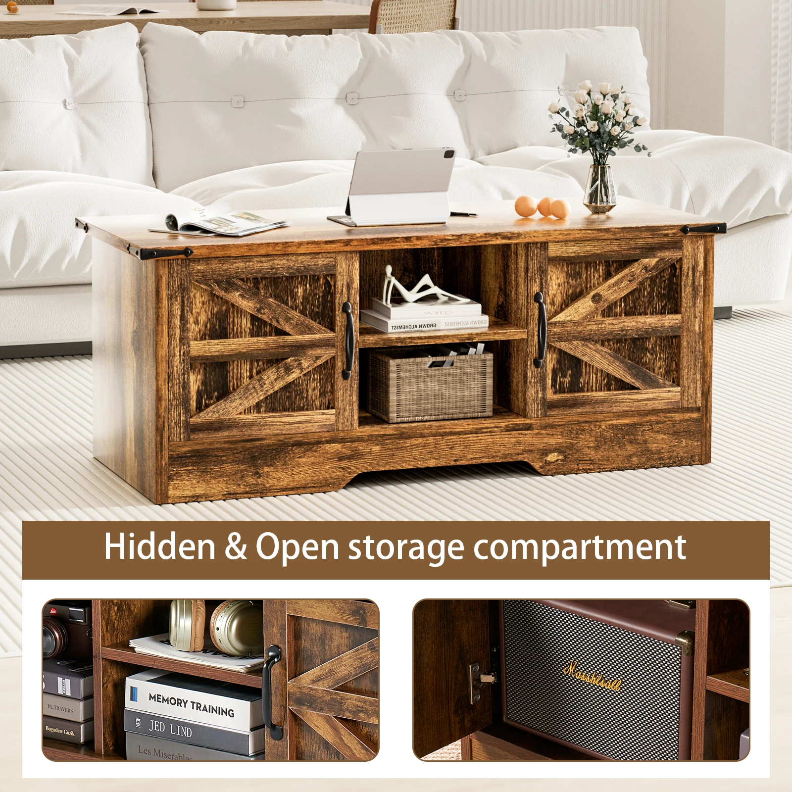 Coffee Table With Barn Doors, Farmhouse Center Table With Storage, Modern Rustic Style Wooden Living Room Table, Brown