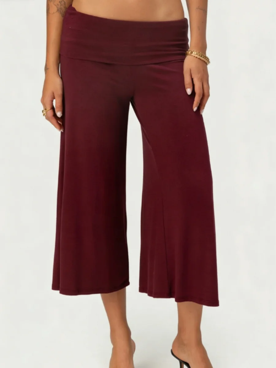 Women's Flowy Fold Over Capri Pants with Ruffle Hem and Elastic Waist