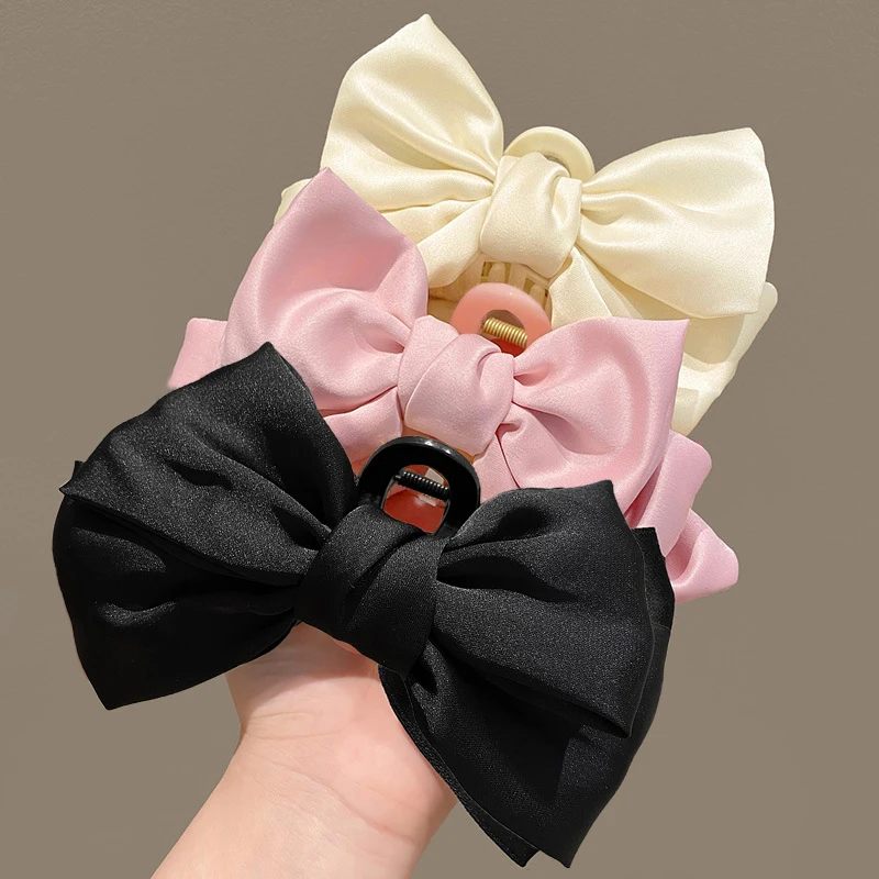 Koreanische Große Doppel Seite Solide Satin Chiffon Kunststoff Haar Bögen Krabben Clips Klaue für Frauen Mädchen Schwarz Bowknote Zubehör Sommer