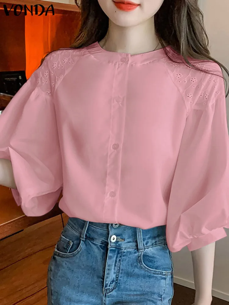 

2024 VONDA Summer Elegant Tops Fashion Casual Women Shirts 3/4 Lantern Sleeve Lace Patchwork Solid Color Blouse Femininas Blusas