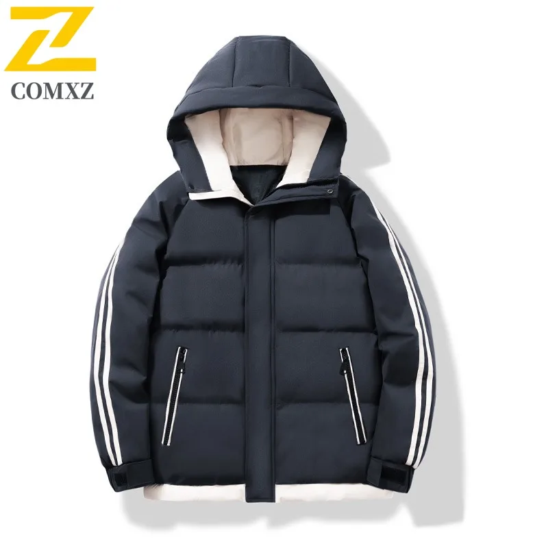 ​Men Down Cotton Jacket Winter American Style Warm Puffer Coat Thickened Fleece Lined Hooded Outerwear Cold Weather​ Windbreaker