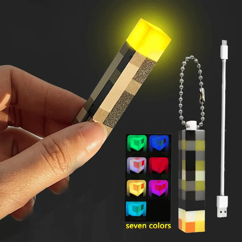 MC 게임 미니 주변기기 토치 LED 라이트 키체인 펜던트 픽셀 토치 플래시라이트 LED 라이트 장난감 USB 충전식 어린이 선물