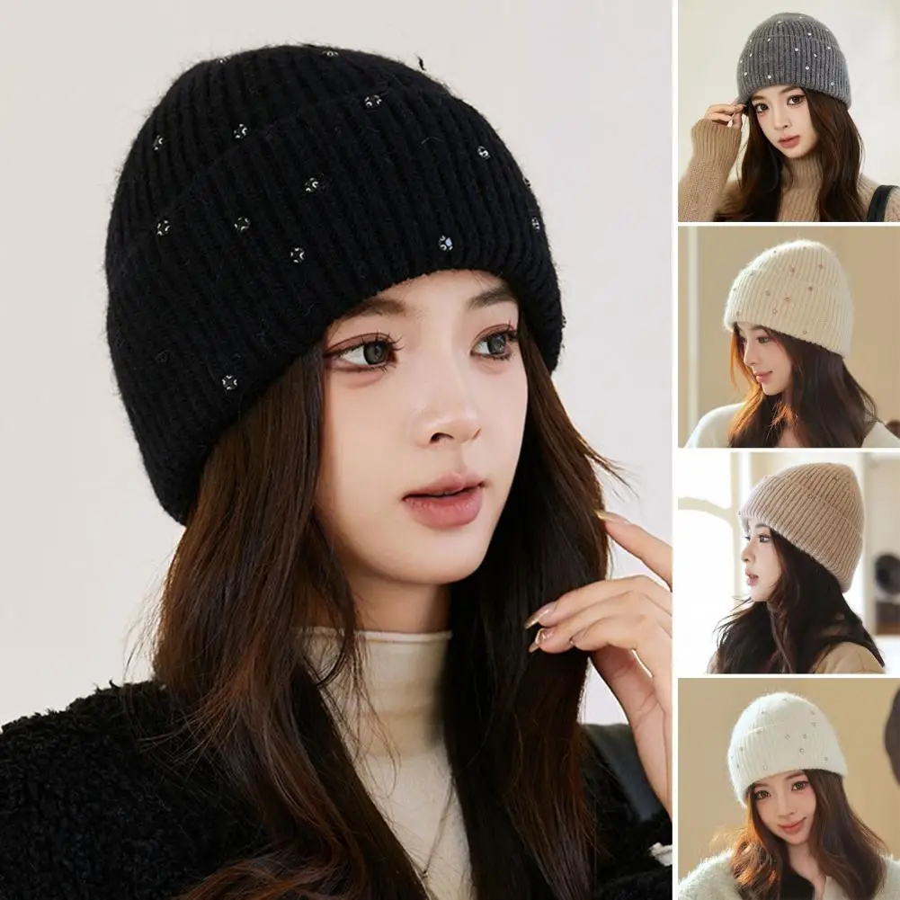 

Winter Hat Stylish Rhinestone-decorated Women's Dome Cap Warm Windproof Knitted Beanie for Fall Winter Anti-slip Knitted Hat