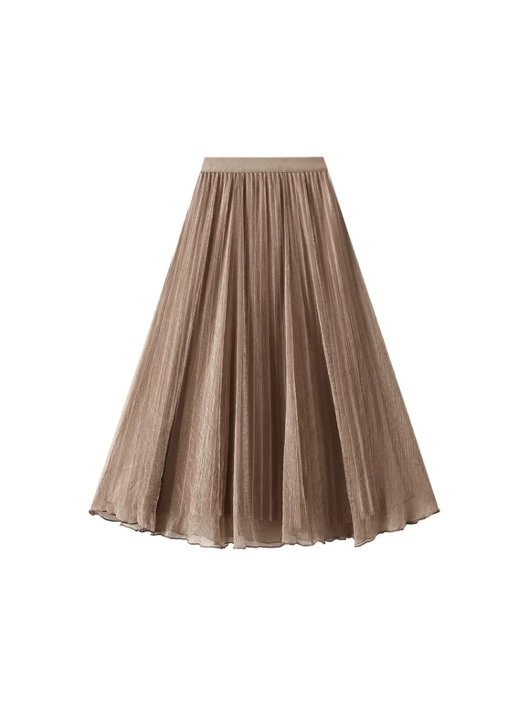 

Casual Wearing A High-end Flowing Gauze Skirt on Both Sides 2024 New High Waist Pearl Yarn A-line Irregular Skirts for Women's