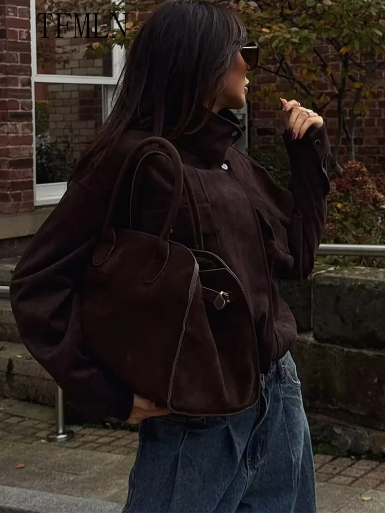 2025 Autumn Women Causal Jackets Fashion Chic Zipper Long Sleeve Street Style Coats Vintage Stand Collar Pockets Ladies Outwear