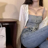 2024 White Tie Up Summer Cardigan Women Sexy Long Sleeve Sheer Mesh Crop Tops Woman Chic All Match Short Printed T Shirt Mujer 2