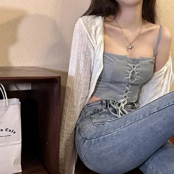 2024 White Tie Up Summer Cardigan Women Sexy Long Sleeve Sheer Mesh Crop Tops Woman Chic All Match Short Printed T Shirt Mujer 2