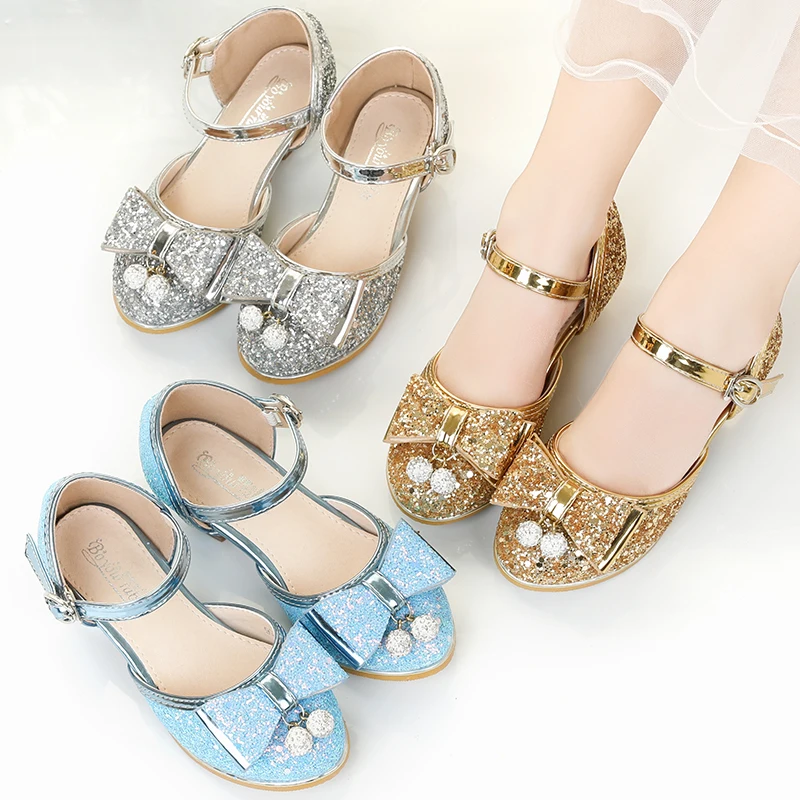 Girls Mary Jane Bow Low Heels Shoes Kids Shiny PU Wedding Party Birthday Party Kid Princess Dress Shoes